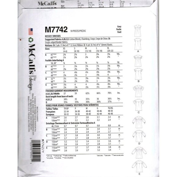 McCall's M7742 Misses XS to M Easy Loose Fitting Dresses Uncut Sewing Pattern - Picture 2 of 2